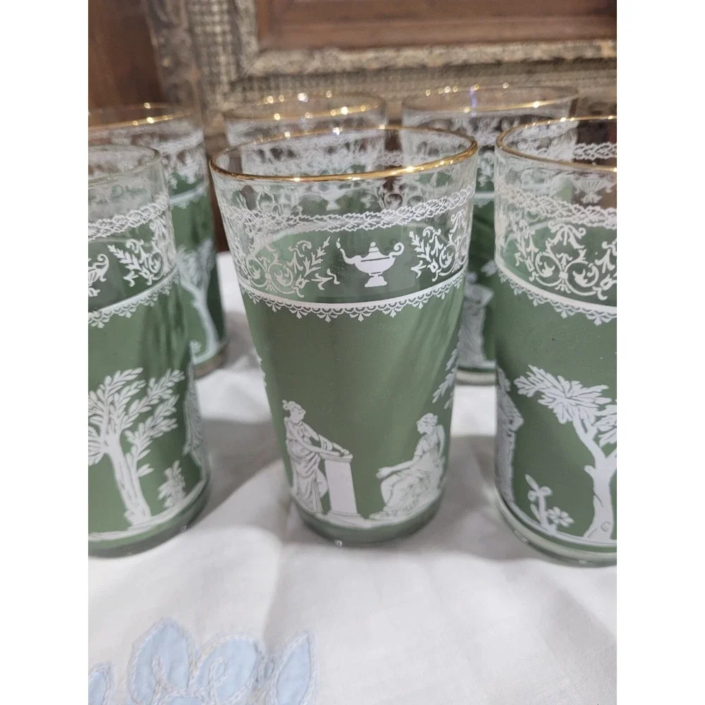 Vtg Wedgwood Jasperware Hellenic Jeanette Green Grecian Tumbler 12 Ou Set Of 8